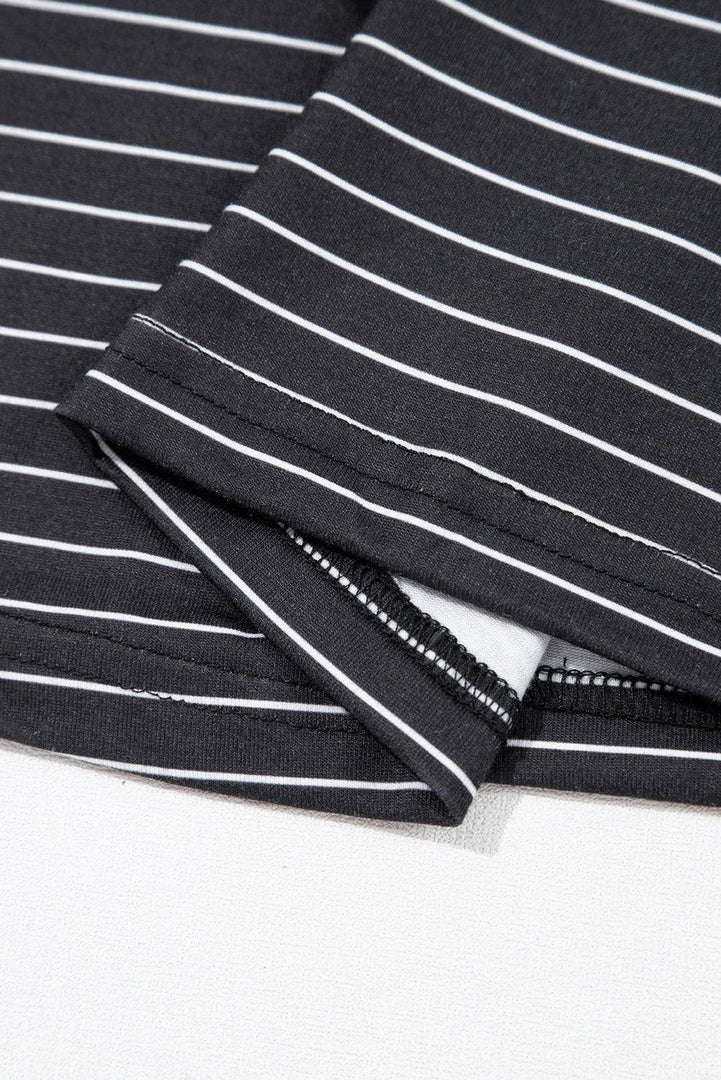 Black Stripe Ruffled Short Sleeve Crew Neck T Shirt Shift Mini Dress - Fashion Queen -  30