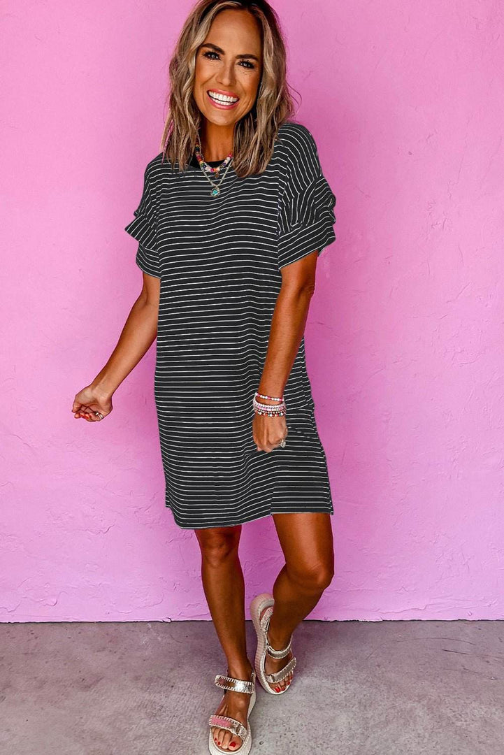 Black Stripe Ruffled Short Sleeve Crew Neck T Shirt Shift Mini Dress - Fashion Queen -  5