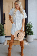 Load image into Gallery viewer, Black Stripe Ruffled Short Sleeve Crew Neck T Shirt Shift Mini Dress - Fashion Queen -  9
