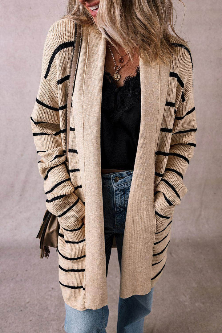 Black Stripe Shawl Neckline Open Cardigan with Pockets - Fashion Queen -  1