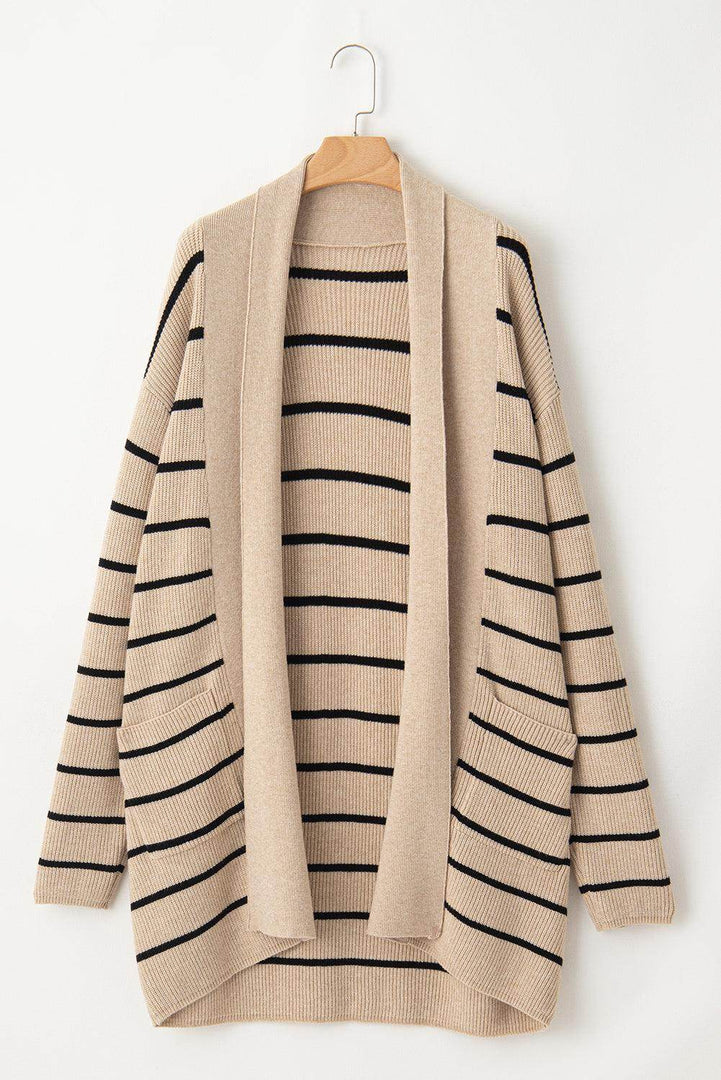 Black Stripe Shawl Neckline Open Cardigan with Pockets - Fashion Queen -  10
