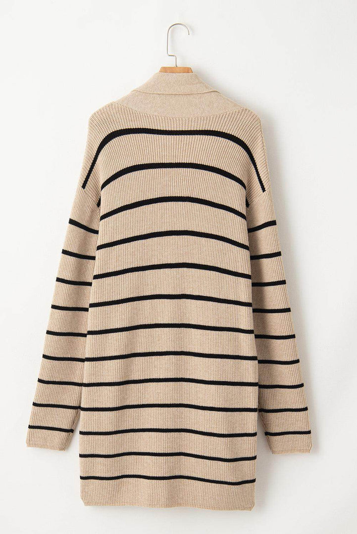 Black Stripe Shawl Neckline Open Cardigan with Pockets - Fashion Queen -  11