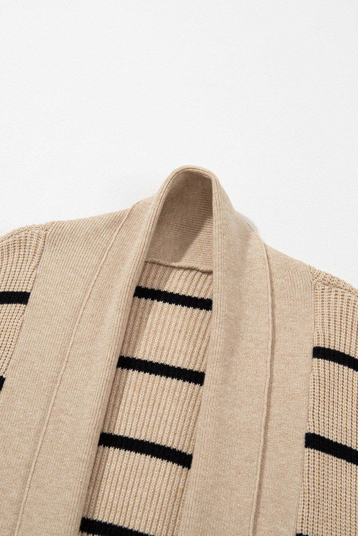 Black Stripe Shawl Neckline Open Cardigan with Pockets - Fashion Queen -  12