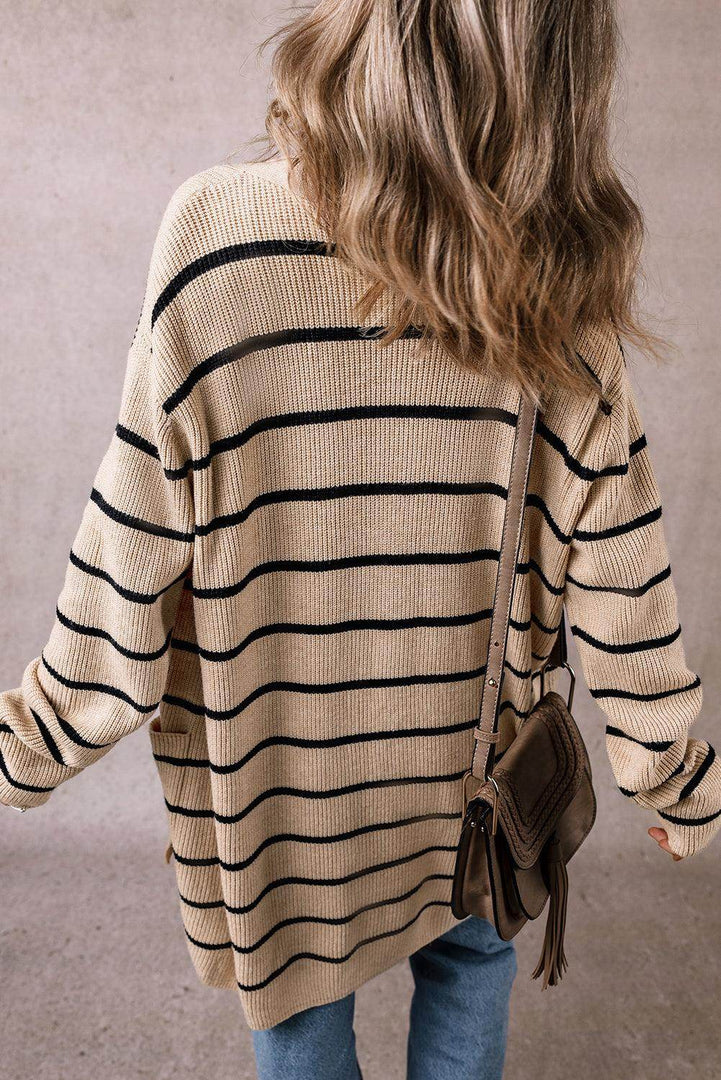 Black Stripe Shawl Neckline Open Cardigan with Pockets - Fashion Queen -  2