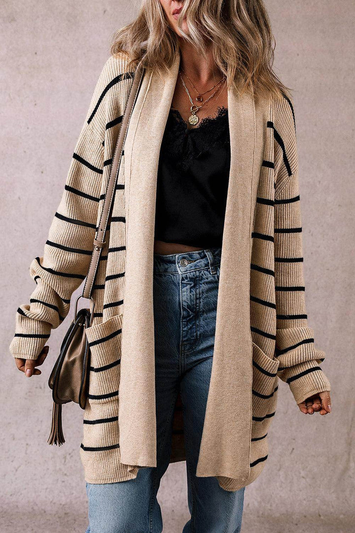Black Stripe Shawl Neckline Open Cardigan with Pockets - Fashion Queen -  3