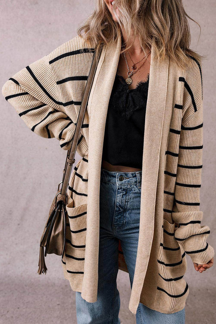 Black Stripe Shawl Neckline Open Cardigan with Pockets - Fashion Queen -  4