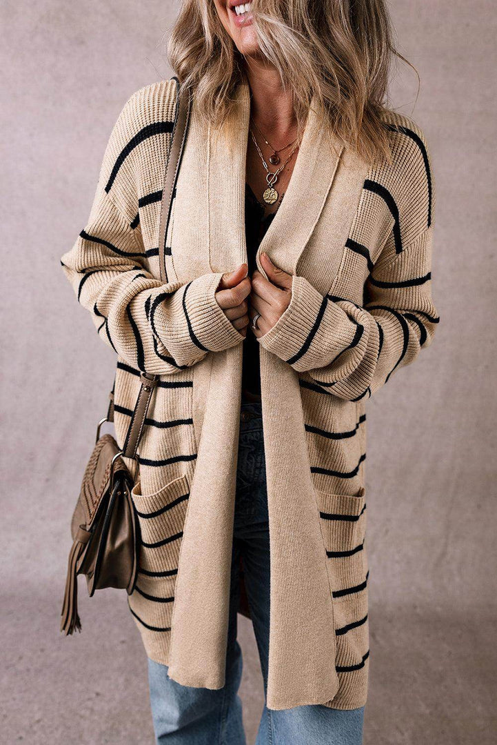 Black Stripe Shawl Neckline Open Cardigan with Pockets - Fashion Queen -  5
