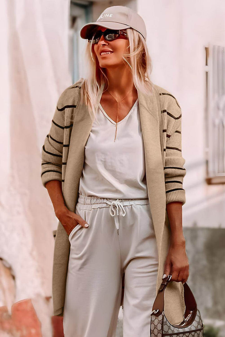 Black Stripe Shawl Neckline Open Cardigan with Pockets - Fashion Queen -  7