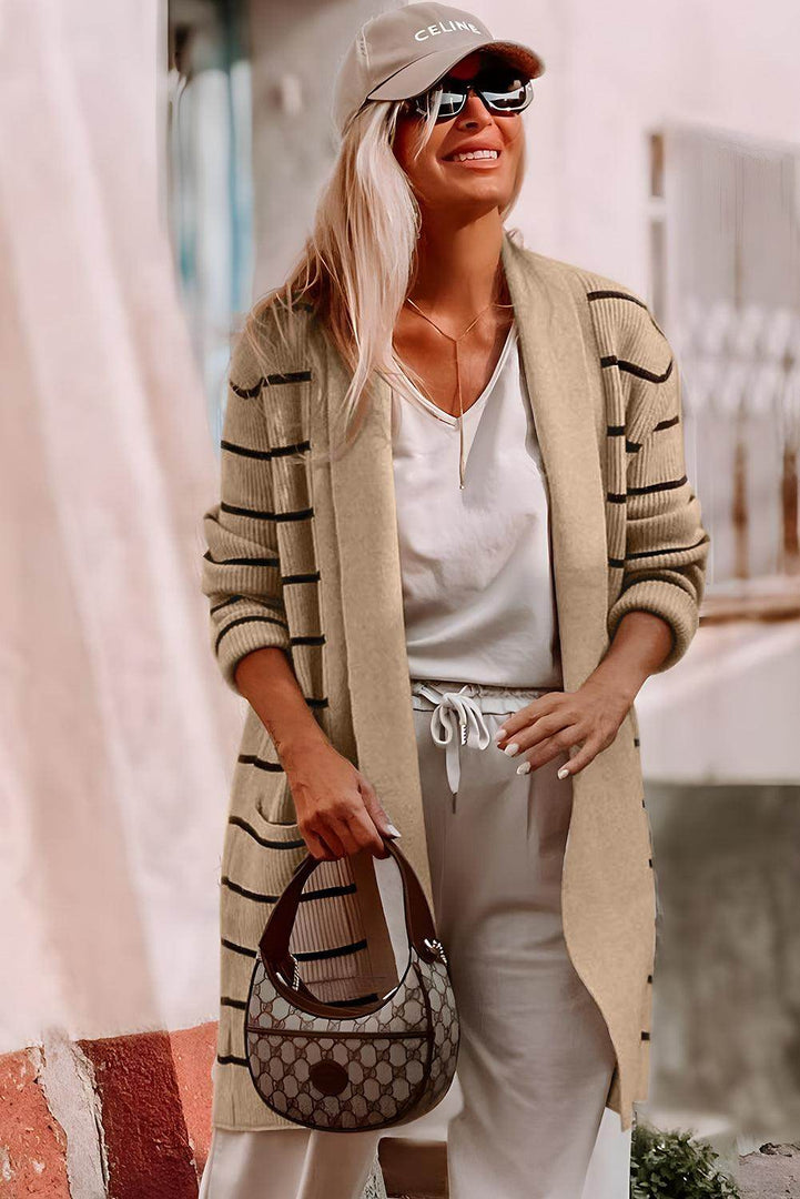 Black Stripe Shawl Neckline Open Cardigan with Pockets - Fashion Queen -  8