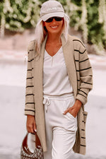 Load image into Gallery viewer, Black Stripe Shawl Neckline Open Cardigan with Pockets - Fashion Queen -  9
