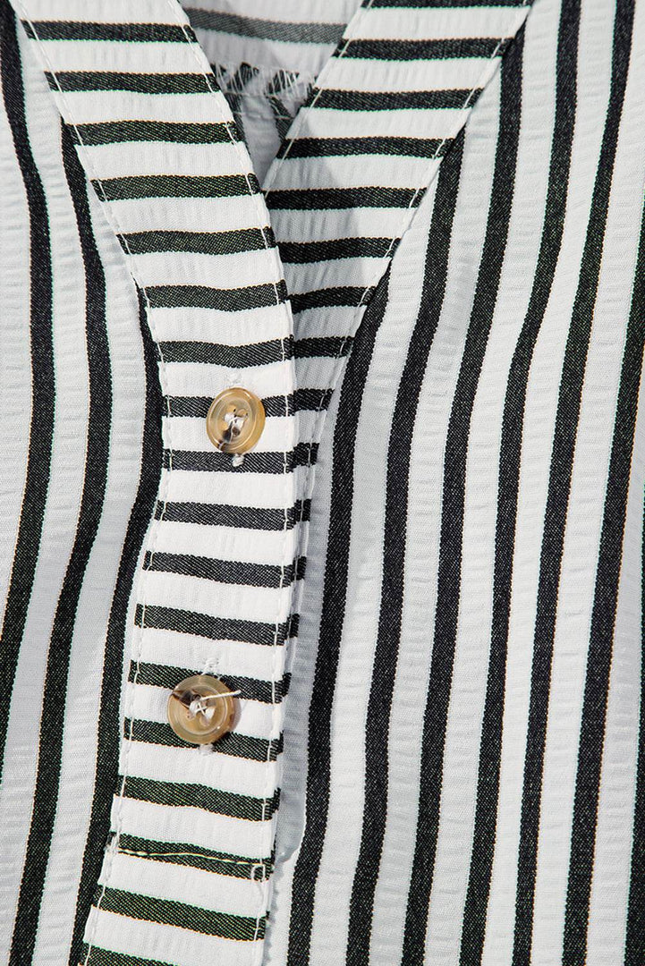 Black Stripe Short Sleeve Buttoned V Neck Pocketed Plus Size Mini Dress - Fashion Queen -  10