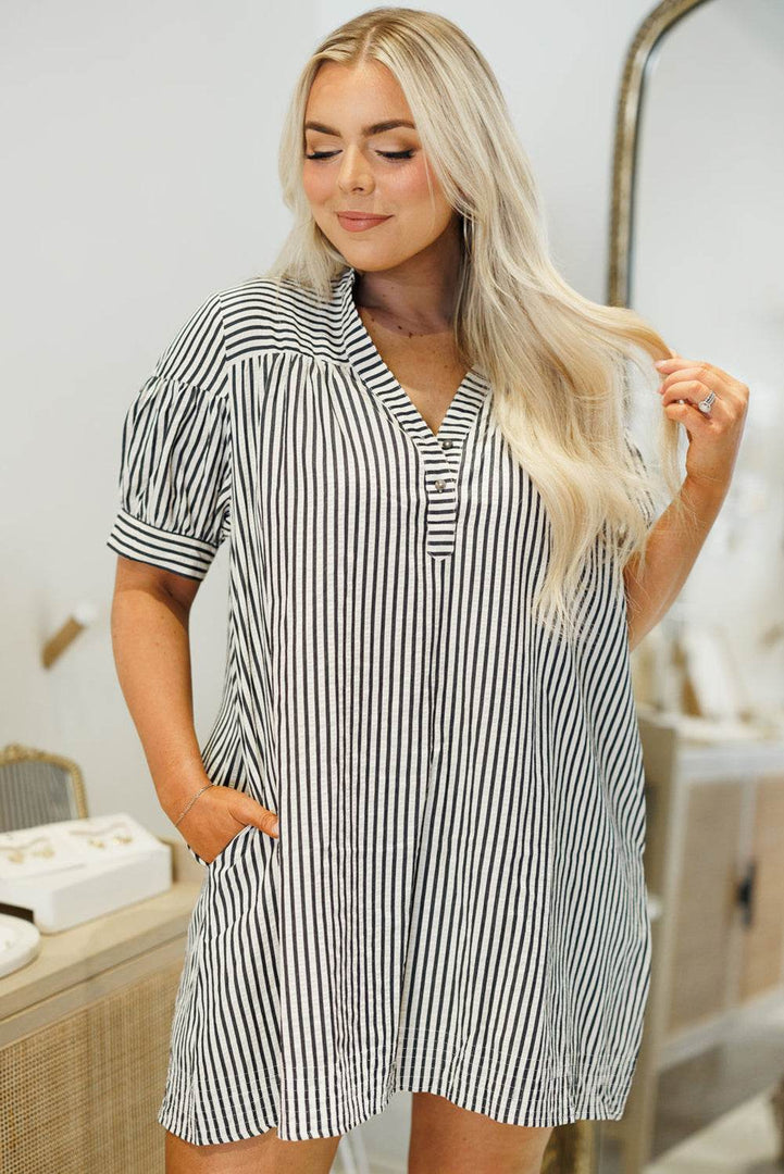 Black Stripe Short Sleeve Buttoned V Neck Pocketed Plus Size Mini Dress - Fashion Queen -  3