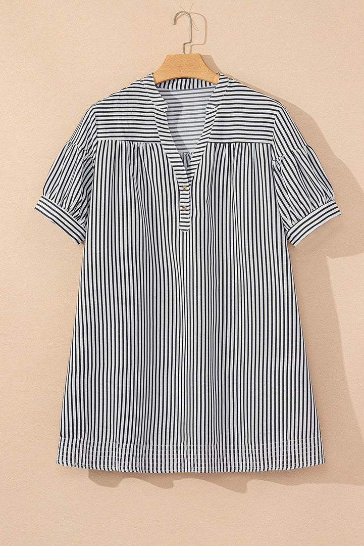 Black Stripe Short Sleeve Buttoned V Neck Pocketed Plus Size Mini Dress - Fashion Queen -  4