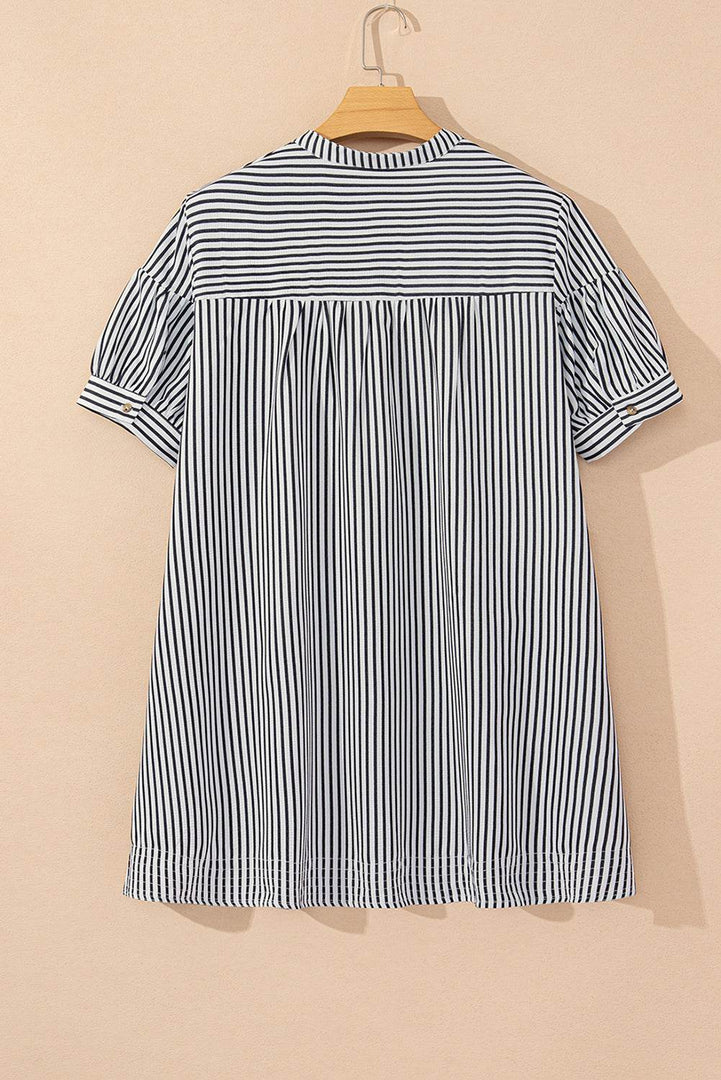 Black Stripe Short Sleeve Buttoned V Neck Pocketed Plus Size Mini Dress - Fashion Queen -  5