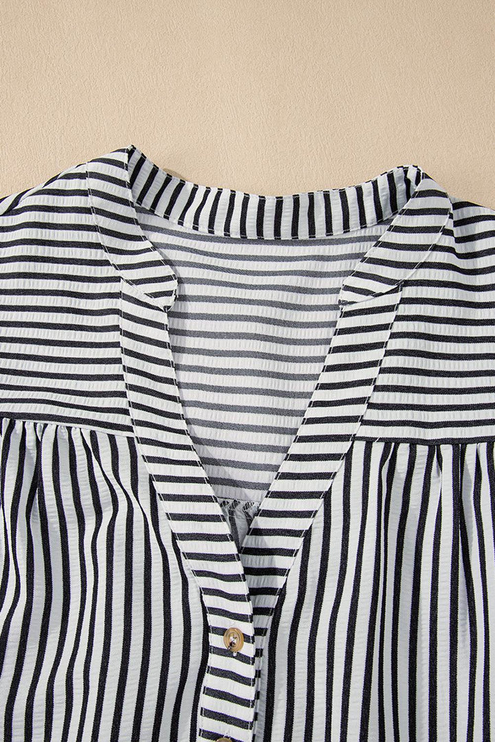 Black Stripe Short Sleeve Buttoned V Neck Pocketed Plus Size Mini Dress - Fashion Queen -  6