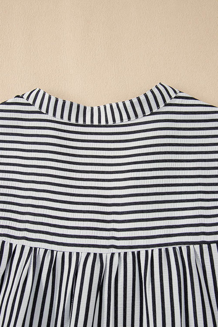 Black Stripe Short Sleeve Buttoned V Neck Pocketed Plus Size Mini Dress - Fashion Queen -  7