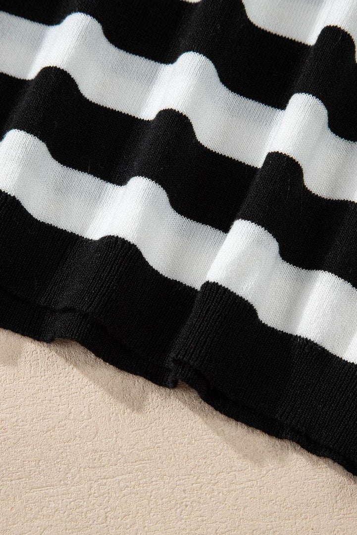 Black Stripe Slim Fit High Neck Knit Sweater - Fashion Queen -  10