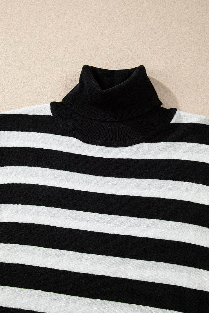 Black Stripe Slim Fit High Neck Knit Sweater - Fashion Queen -  11