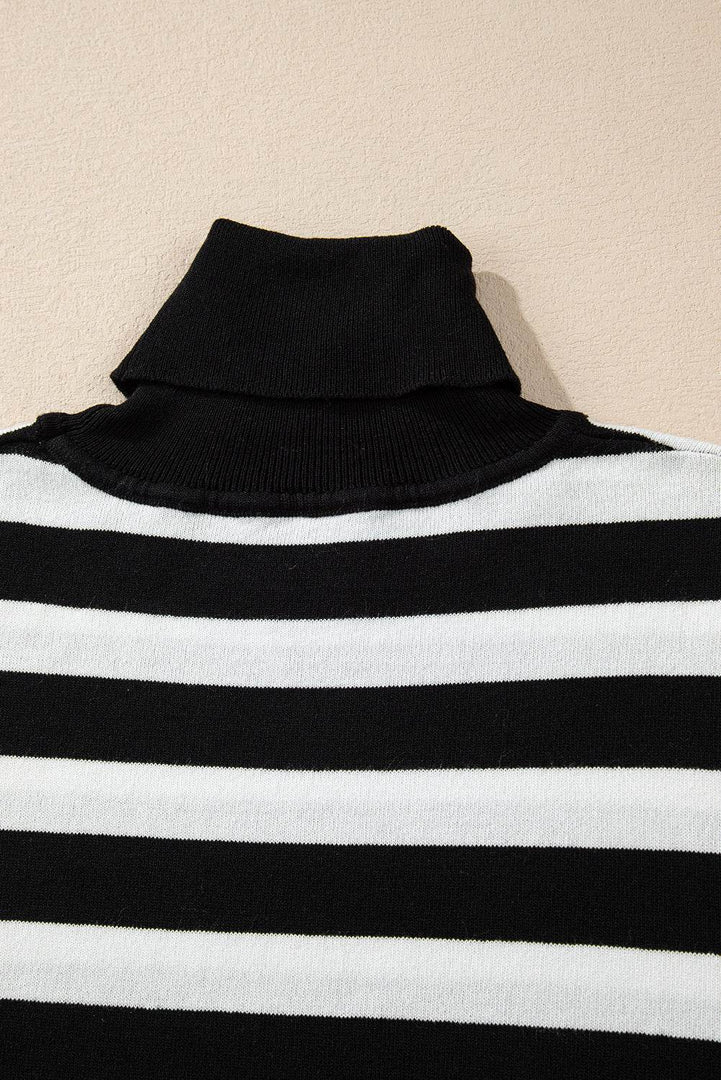 Black Stripe Slim Fit High Neck Knit Sweater - Fashion Queen -  12