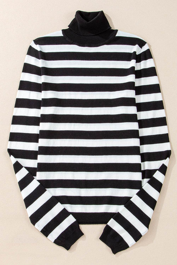 Black Stripe Slim Fit High Neck Knit Sweater - Fashion Queen -  6