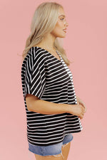 Load image into Gallery viewer, Black Stripe Two Tone Colorblock V Neck T Shirt - Fashion Queen -  10
