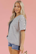 Load image into Gallery viewer, Black Stripe Two Tone Colorblock V Neck T Shirt - Fashion Queen -  11
