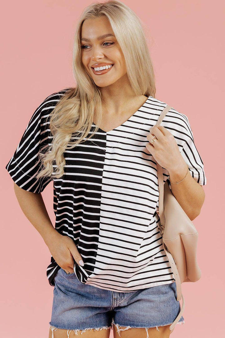 Black Stripe Two Tone Colorblock V Neck T Shirt - Fashion Queen -  12