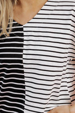 Load image into Gallery viewer, Black Stripe Two Tone Colorblock V Neck T Shirt - Fashion Queen -  13

