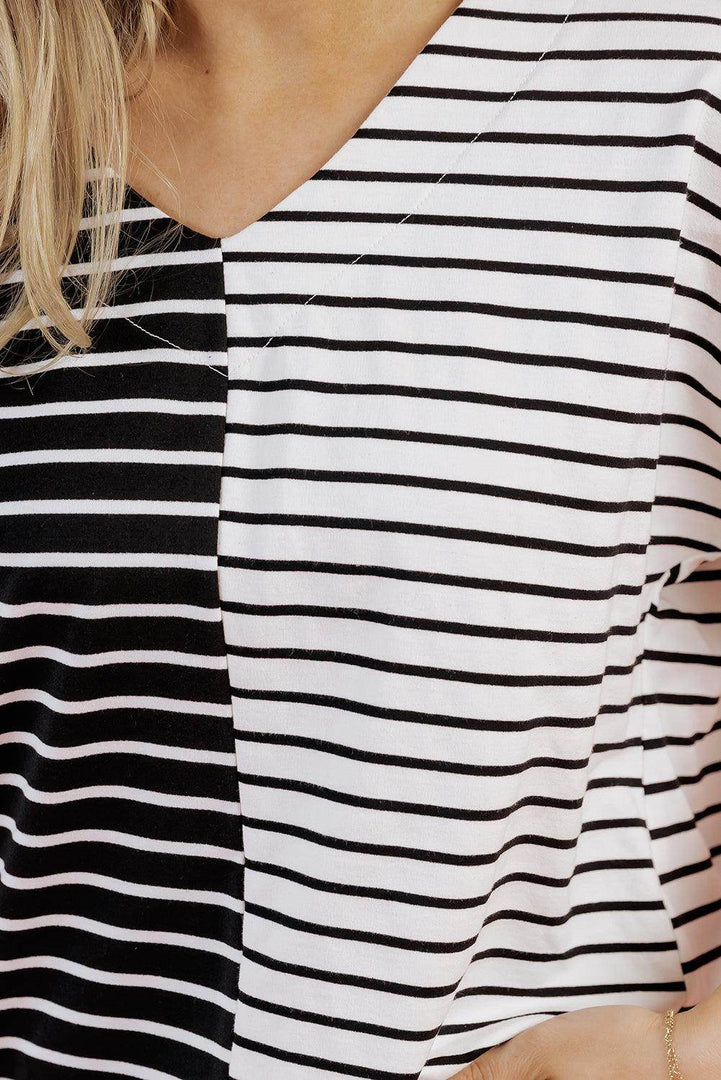 Black Stripe Two Tone Colorblock V Neck T Shirt - Fashion Queen -  13