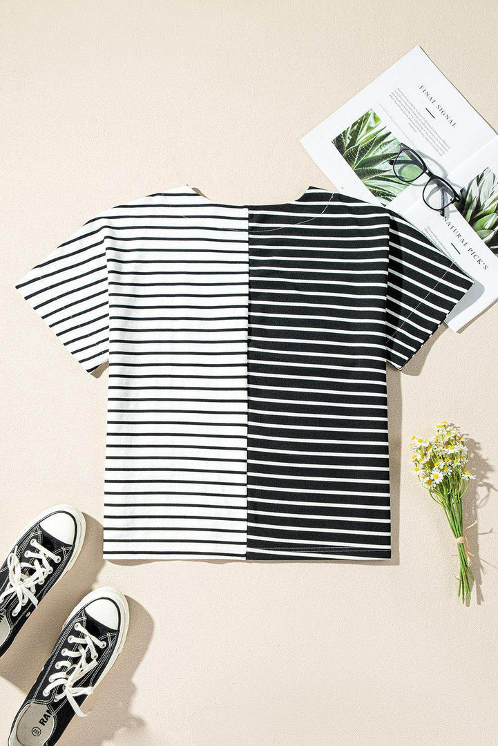 Black Stripe Two Tone Colorblock V Neck T Shirt - Fashion Queen -  16