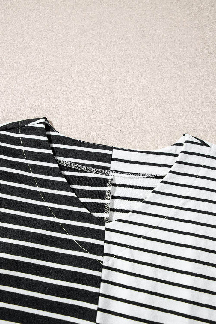 Black Stripe Two Tone Colorblock V Neck T Shirt - Fashion Queen -  18