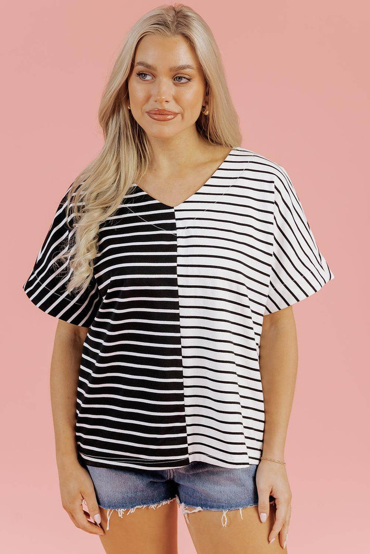 Black Stripe Two Tone Colorblock V Neck T Shirt - Fashion Queen -  7