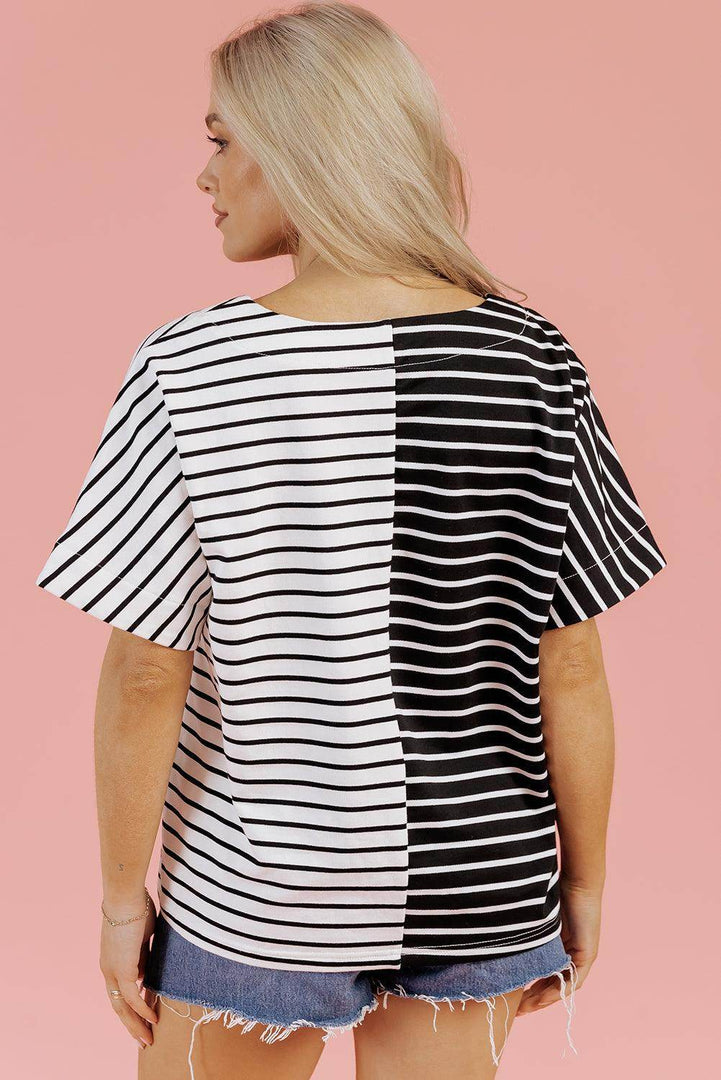 Black Stripe Two Tone Colorblock V Neck T Shirt - Fashion Queen -  8