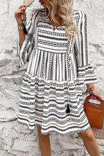 Load image into Gallery viewer, Black Stripe V Neck Bell Sleeve High Waist Mini Dress - Fashion Queen -  1
