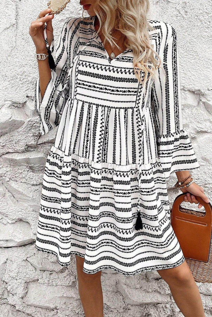 Black Stripe V Neck Bell Sleeve High Waist Mini Dress - Fashion Queen -  1