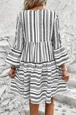 Load image into Gallery viewer, Black Stripe V Neck Bell Sleeve High Waist Mini Dress - Fashion Queen -  2
