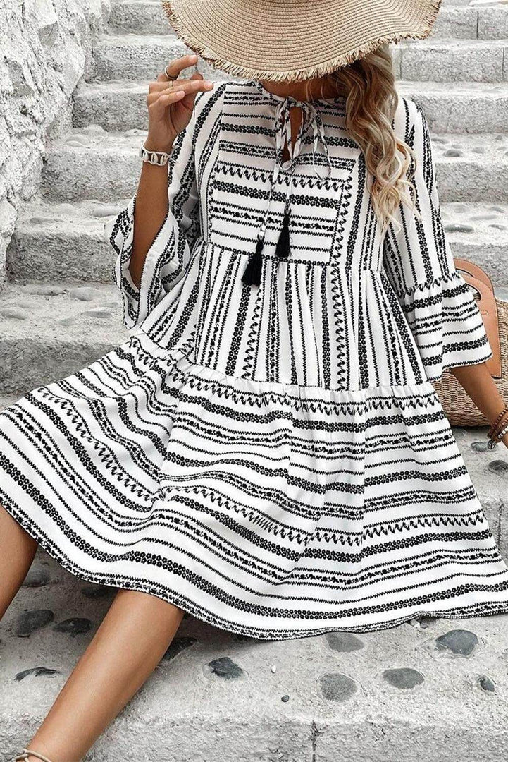 Black Stripe V Neck Bell Sleeve High Waist Mini Dress - Fashion Queen -  3