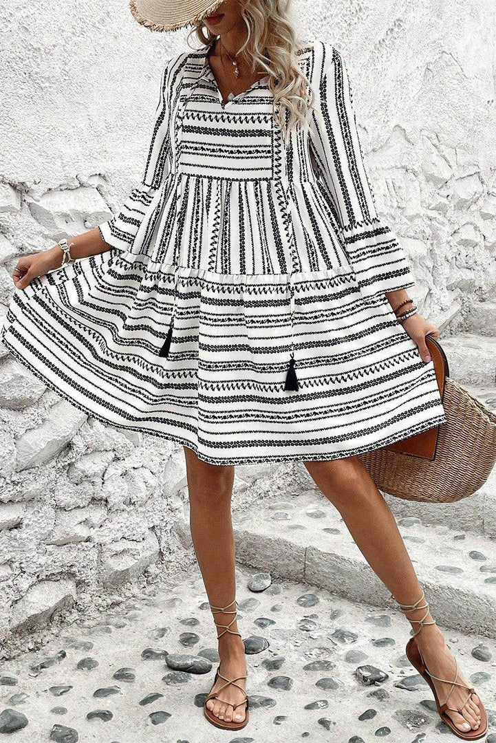 Black Stripe V Neck Bell Sleeve High Waist Mini Dress - Fashion Queen -  4