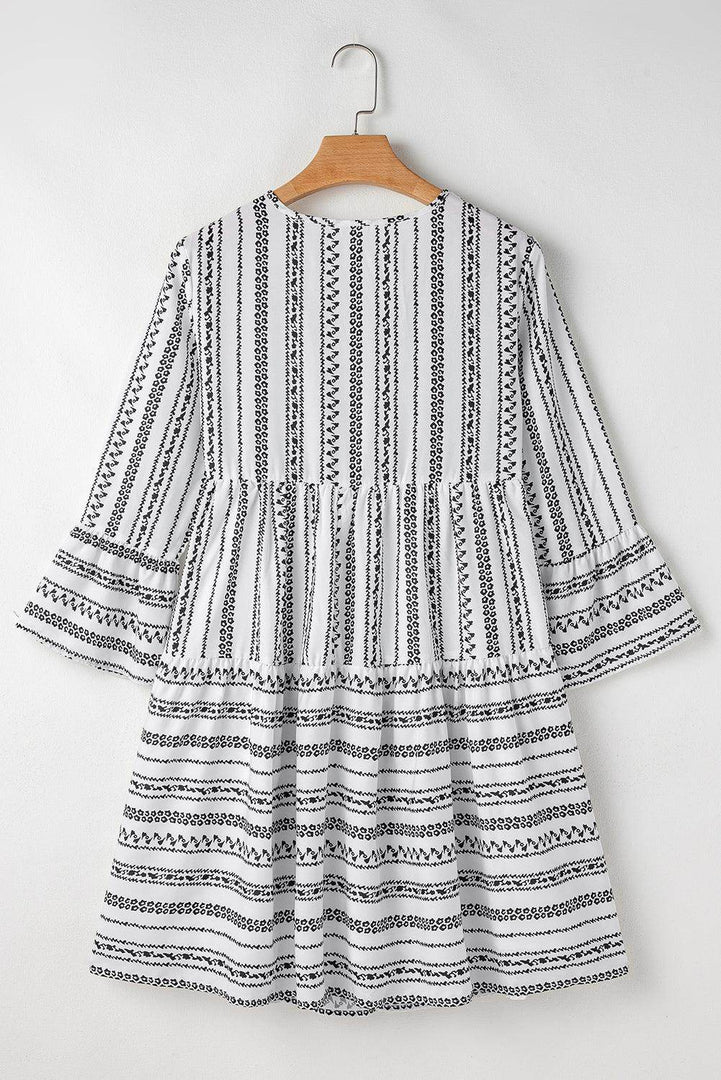 Black Stripe V Neck Bell Sleeve High Waist Mini Dress - Fashion Queen -  6