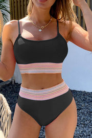Black Striped Patchwork Spaghetti Strap High Waist Bikini Swimsuit - Fashion Queen -  1