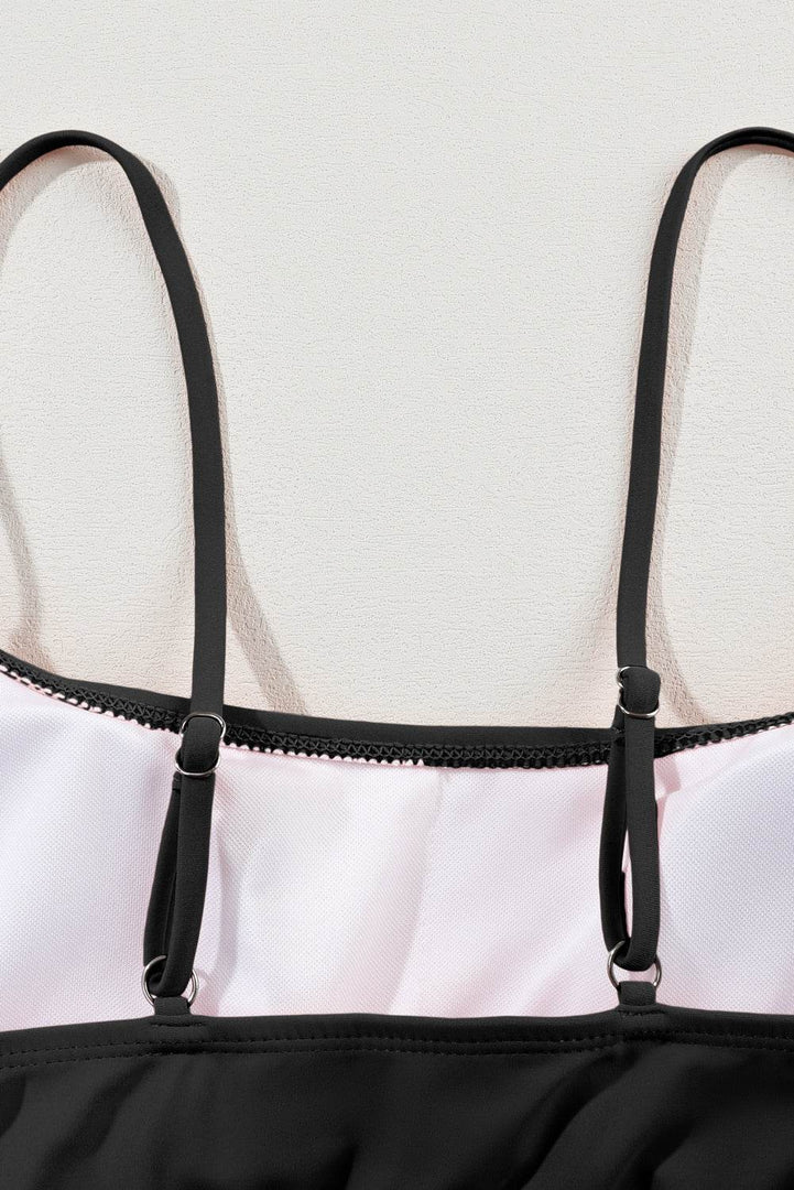 Black Striped Patchwork Spaghetti Strap High Waist Bikini Swimsuit - Fashion Queen -  18