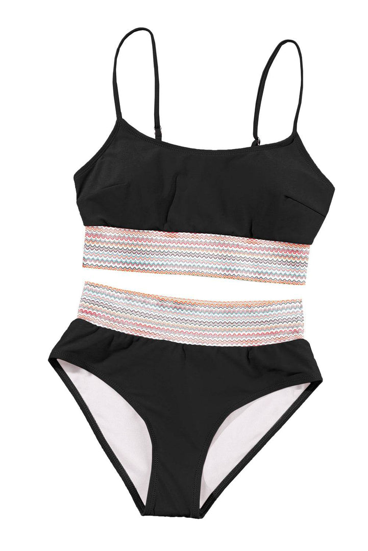 Black Striped Patchwork Spaghetti Strap High Waist Bikini Swimsuit - Fashion Queen -  22