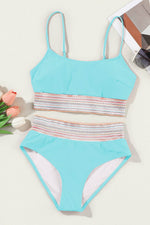 Load image into Gallery viewer, Black Striped Patchwork Spaghetti Strap High Waist Bikini Swimsuit - Fashion Queen -  30
