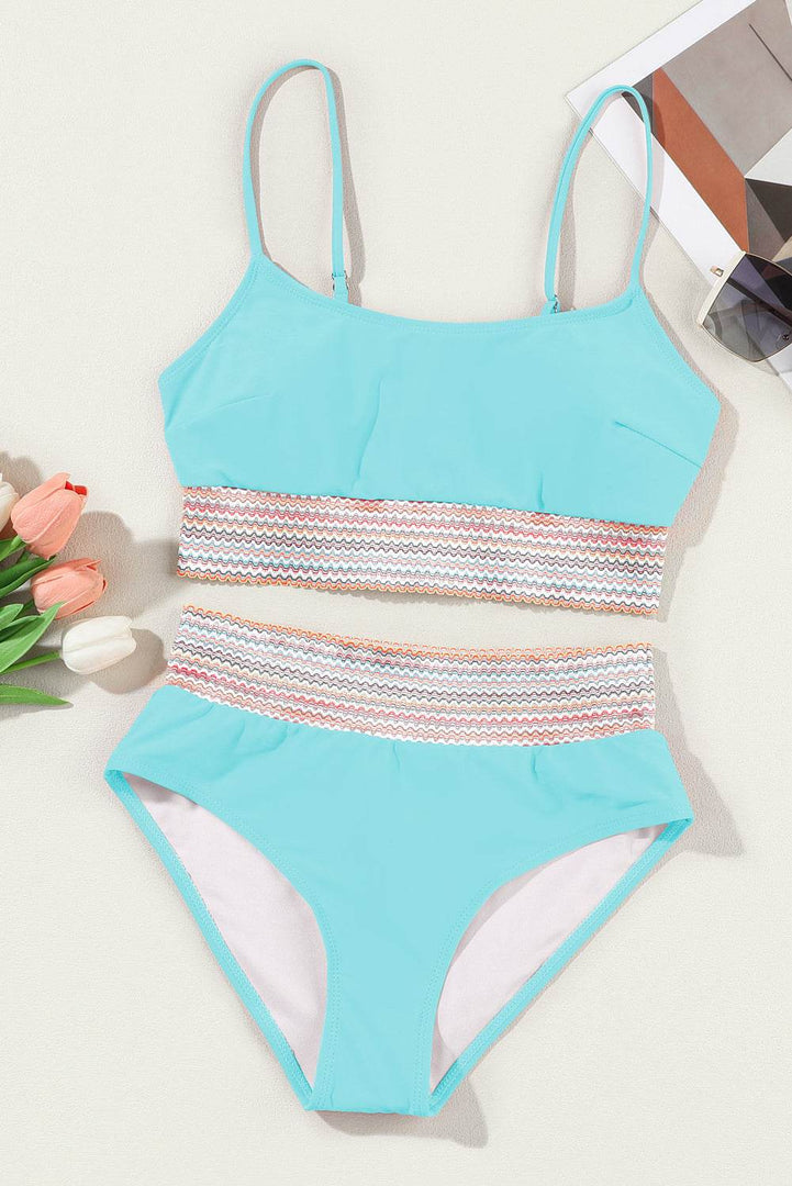 Black Striped Patchwork Spaghetti Strap High Waist Bikini Swimsuit - Fashion Queen -  30