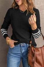 Load image into Gallery viewer, Black Striped Sleeve Plain Knit Sweater - Fashion Queen -  1
