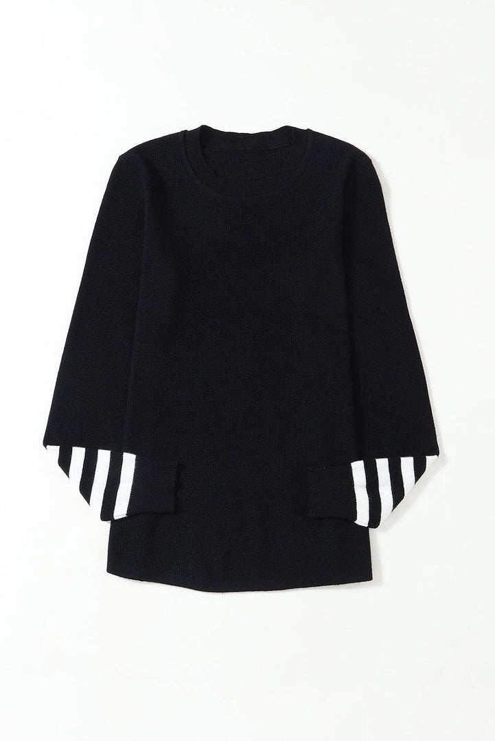 Black Striped Sleeve Plain Knit Sweater - Fashion Queen -  6