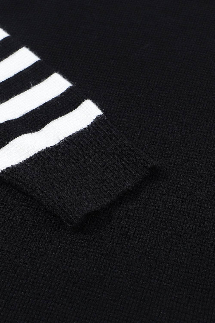 Black Striped Sleeve Plain Knit Sweater - Fashion Queen -  9