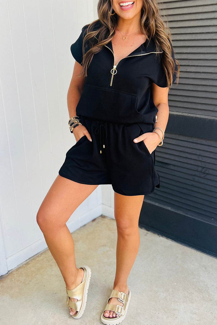 Black Textured Half Zip Kangaroo Pocket Top Drawstring Shorts Set - Fashion Queen -  1