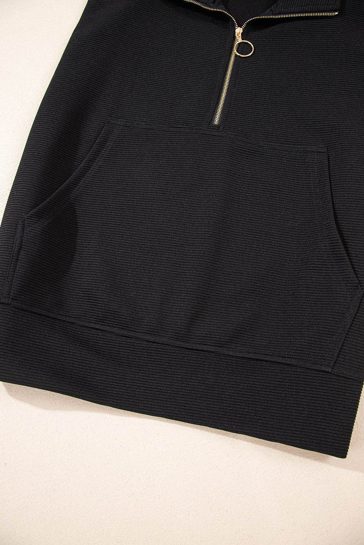 Black Textured Half Zip Kangaroo Pocket Top Drawstring Shorts Set - Fashion Queen -  12