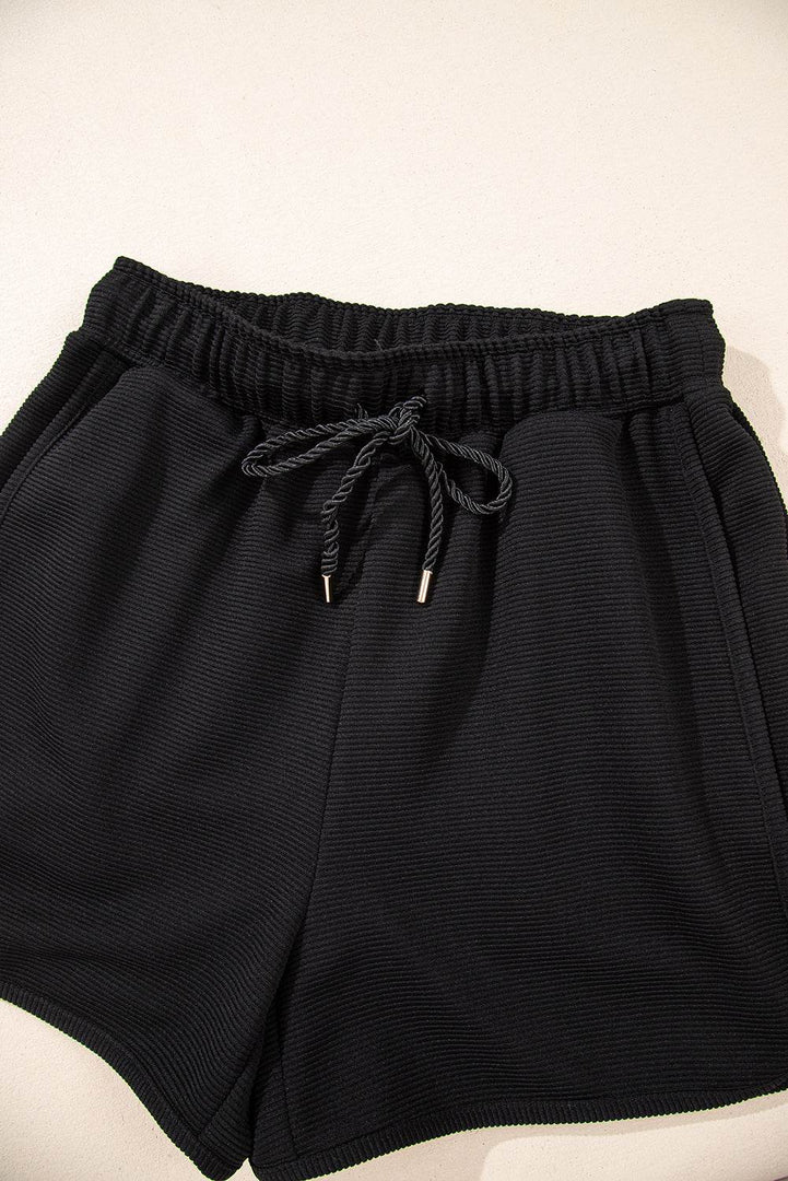 Black Textured Half Zip Kangaroo Pocket Top Drawstring Shorts Set - Fashion Queen -  14